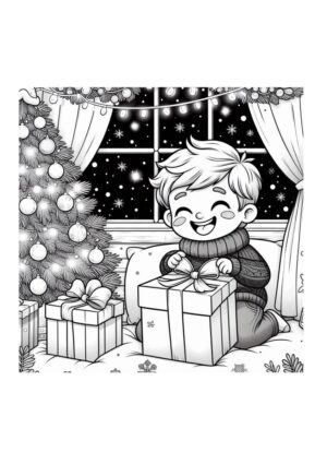 Junge mit Weihnachtsgeschenk Malvorlage