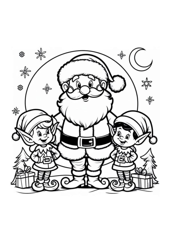 Weihnachtsmann mit Helfern Malvorlage
