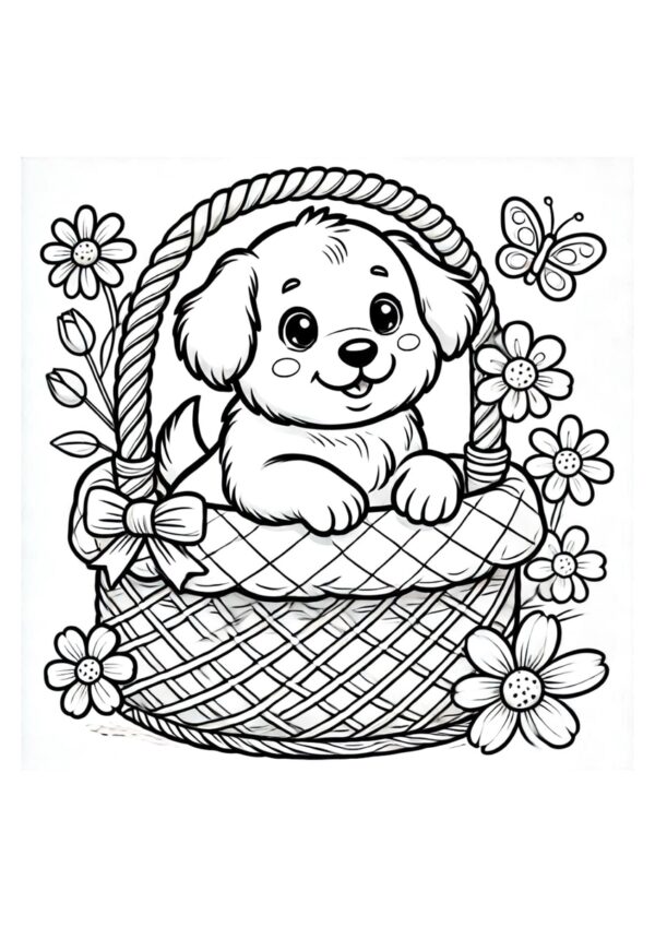 Hunde Welpe im Blumenkorb