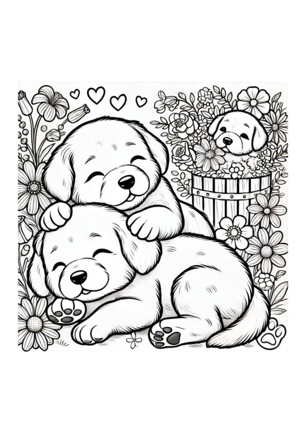 Schlafende Hundewelpen im Garten