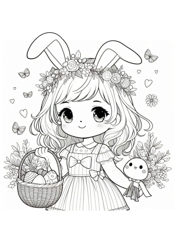 Schönes Mädchen mit Hasenohren und Osterkorb