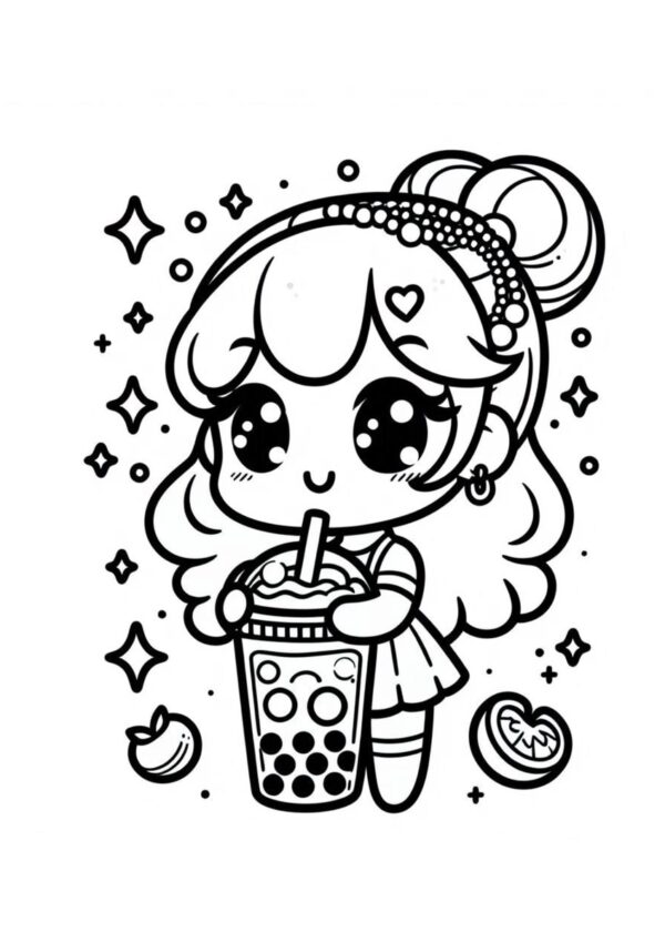 Kawaii Mädchen trinkt leckeren Bubble Tea