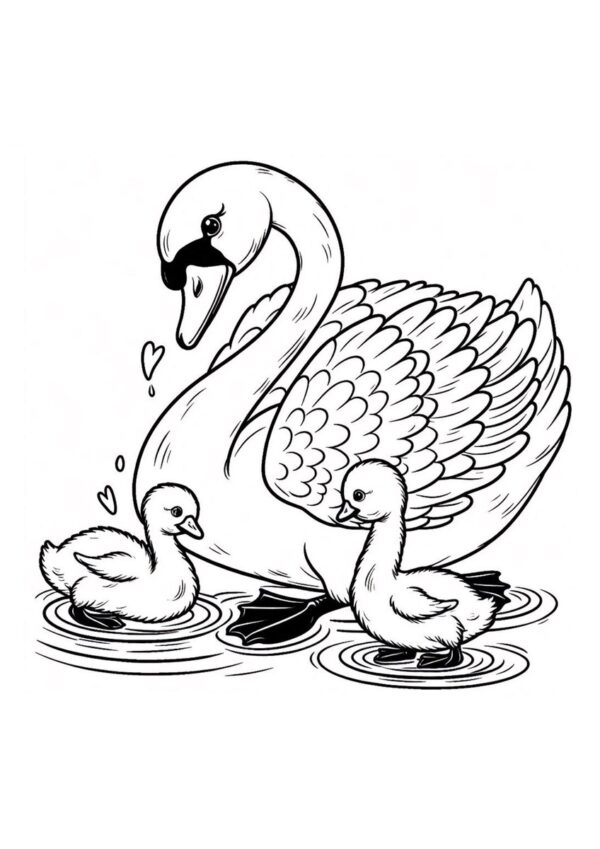 Schwan mit süßen Küken Ausmalbild